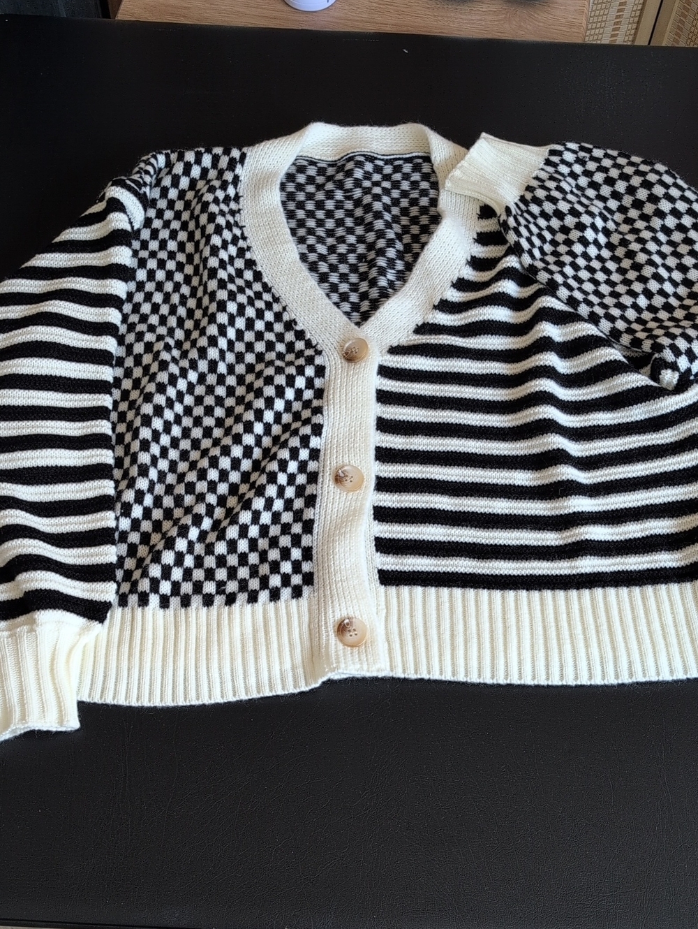 Black and White Checker & Stripe V-Neck Cardigan Sweater